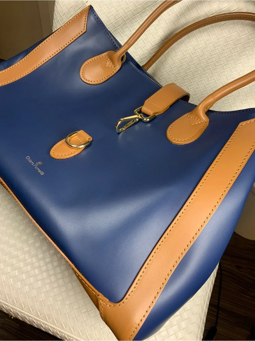 Chiara Ferretti Navy and Tan Leather Tote with Gold Hardware